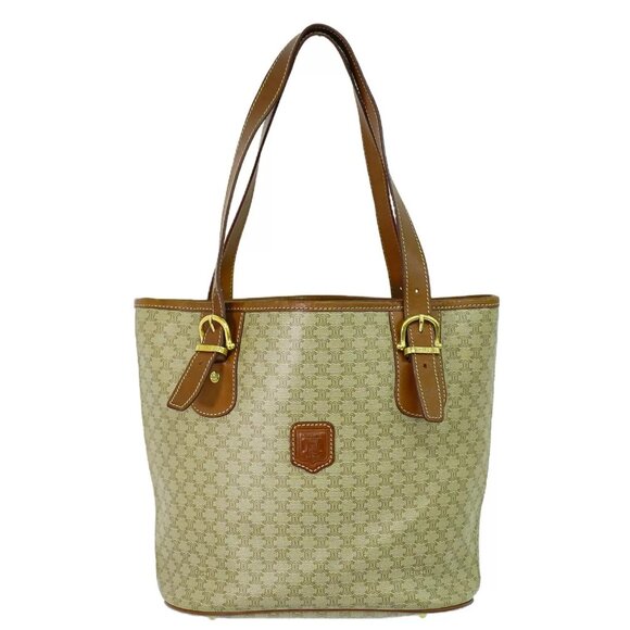 CELINE Macadam PVC Shoulder Tote Handbag Beige Brown Gold - Picture 1 of 16